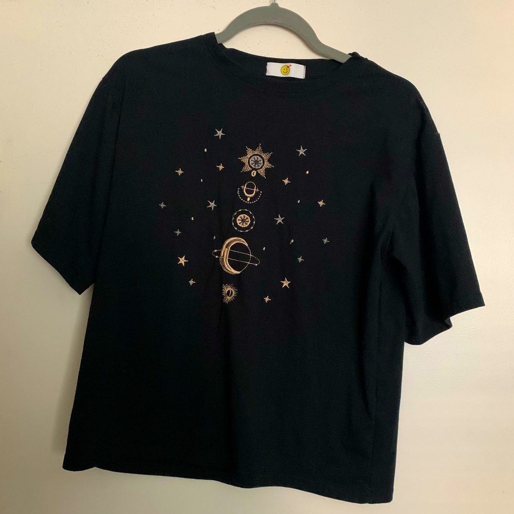 Embroidered Moon/Stars Black T-Shirt